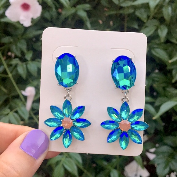 Iridescent Aquamarine Aurora Borealis + Pink Opal Crystal Flower Drop Earrings - Picture 4 of 8